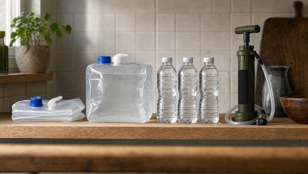 Flessen water, een opvouwbare jerrycan en een handpomp-waterfilter op een keukenplank