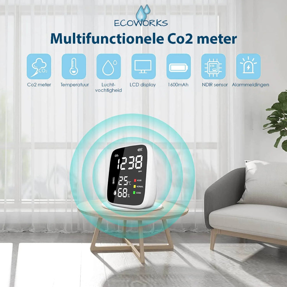Ecoworks trådløs 3-i-1 CO2-måler: Luftkvalitetsmåler og -monitor