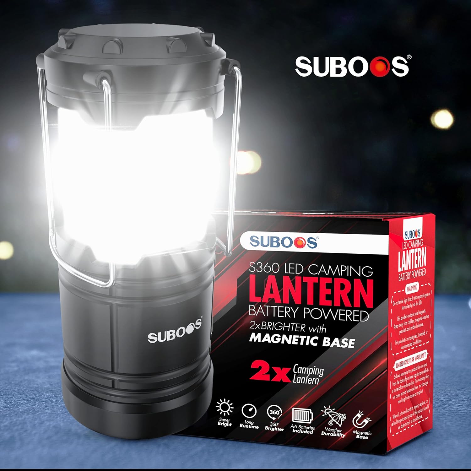 SUBOOS Teltbelysning Campinglanterne - Strømafbrydelse - Lysere LED Batterilanterne Magnetisk Base Foldbar Krog Bærbar Campinglampe Orkan Nødlampe Indendørs og Udendørs
