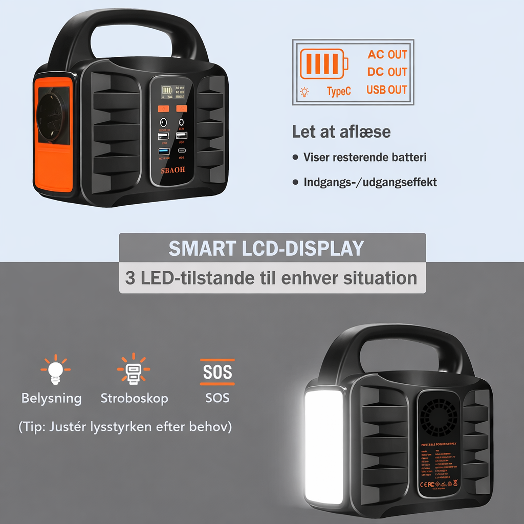 Bærbar strømstation 99Wh (100W) – Powerbank med 230V stikkontakt, genopladeligt solpanel, ideel til camping og nødstrøm