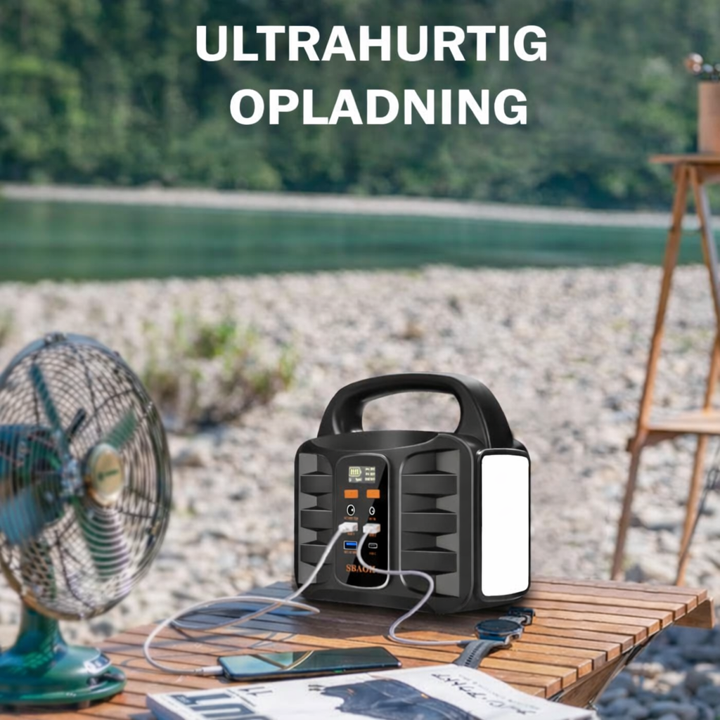 Bærbar strømstation 99Wh (100W) – Powerbank med 230V stikkontakt, genopladeligt solpanel, ideel til camping og nødstrøm