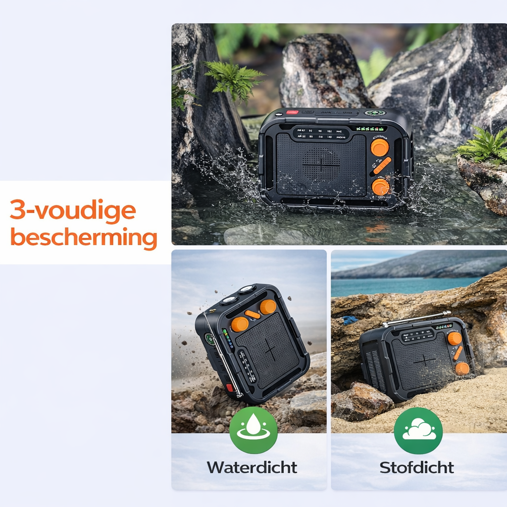 Premium nødradio med lommelygte, håndsving, solcelleopladning 5000 mAh