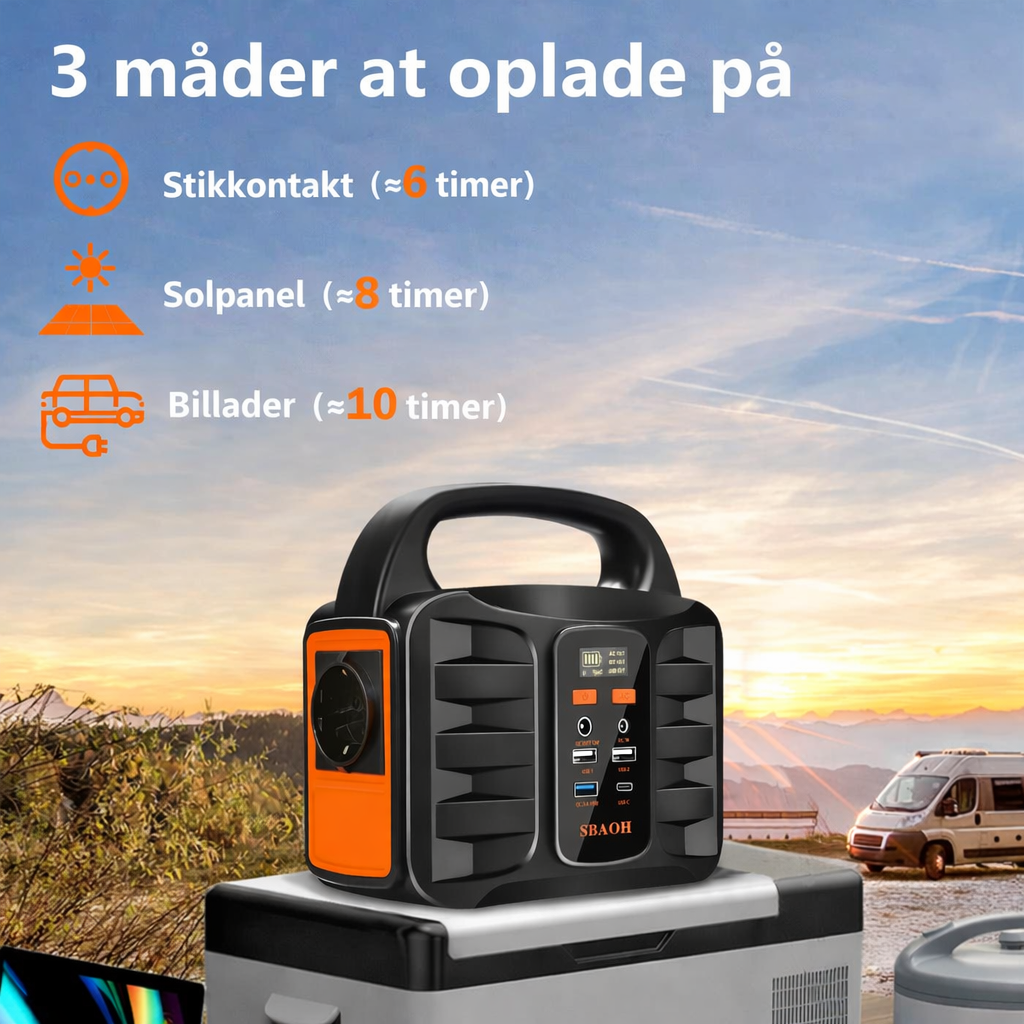 Bærbar strømstation 99Wh (100W) – Powerbank med 230V stikkontakt, genopladeligt solpanel, ideel til camping og nødstrøm