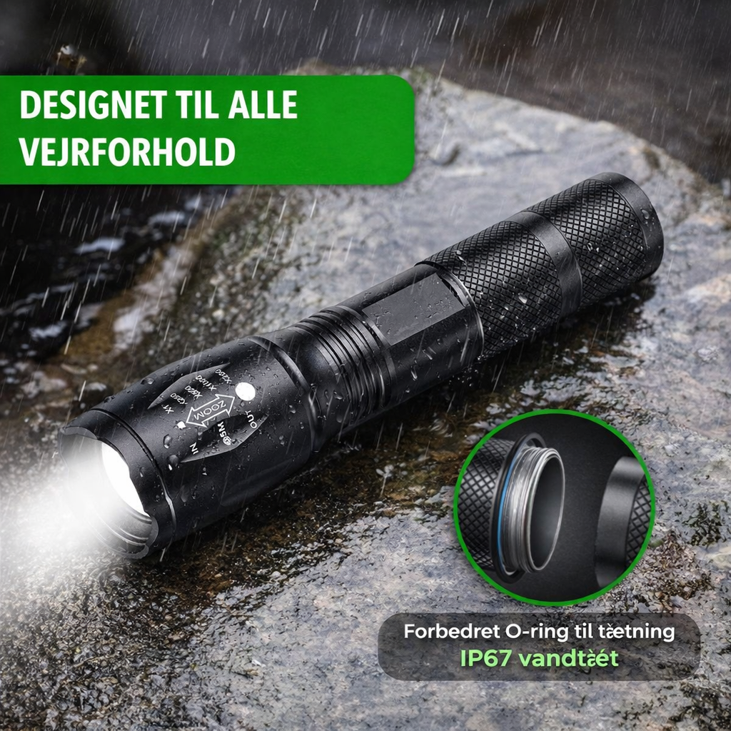 Kraftig 1000 Lumen LED-lommelygte - Vandtæt og robust til eventyr og nødsituationer