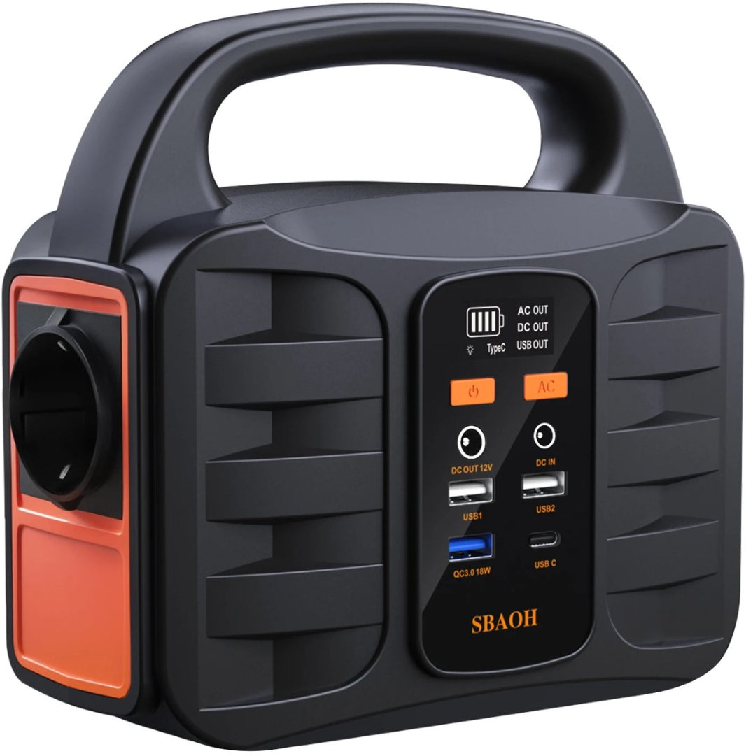 Bærbar strømstation 99Wh (100W) – Powerbank med 230V stikkontakt, genopladeligt solpanel, ideel til camping og nødstrøm