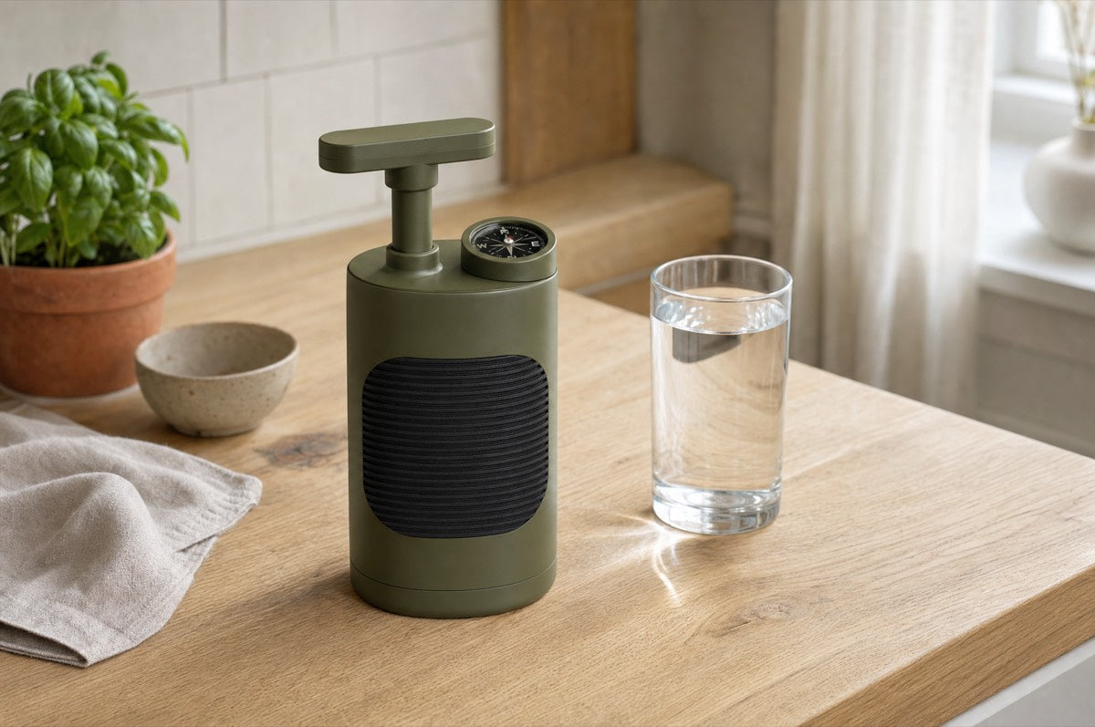 AquaDefender waterfilter op een houten keukenblad naast een glas water