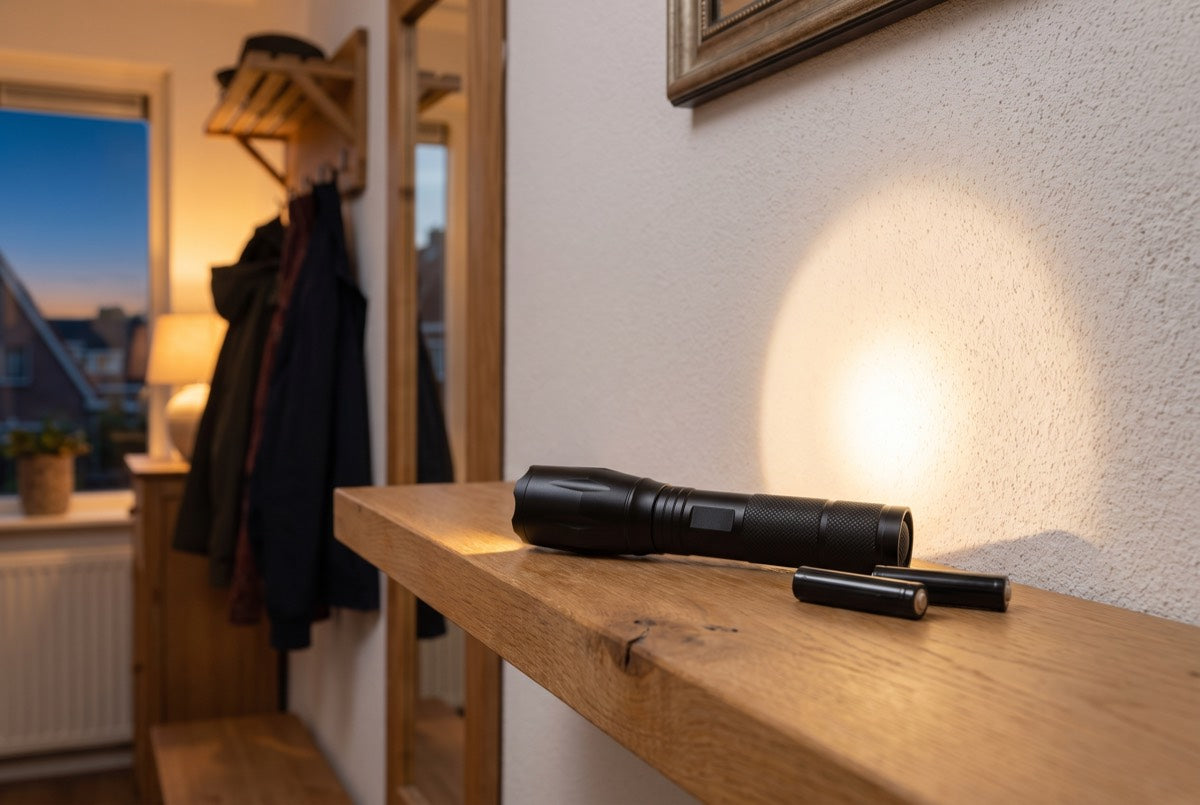 1000 lumen LED-zaklamp op een plank in de hal bij schemering