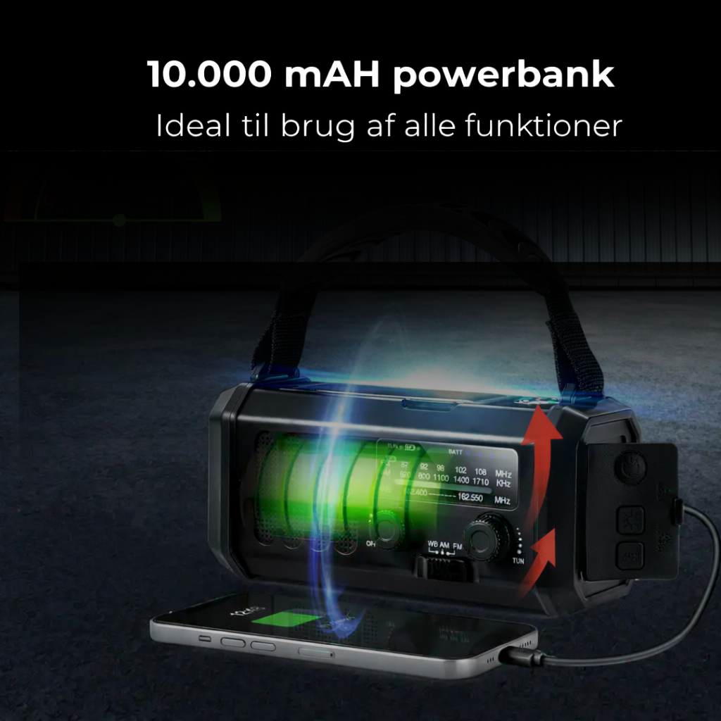 Nødradio Ultra med langtidsholdbar powerbank (10.000 mAH)