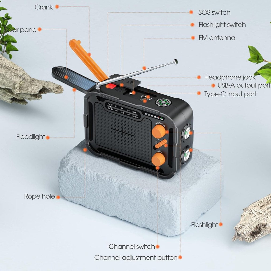 Premium nødradio med lommelygte, håndsving, solcelleopladning 5000 mAh