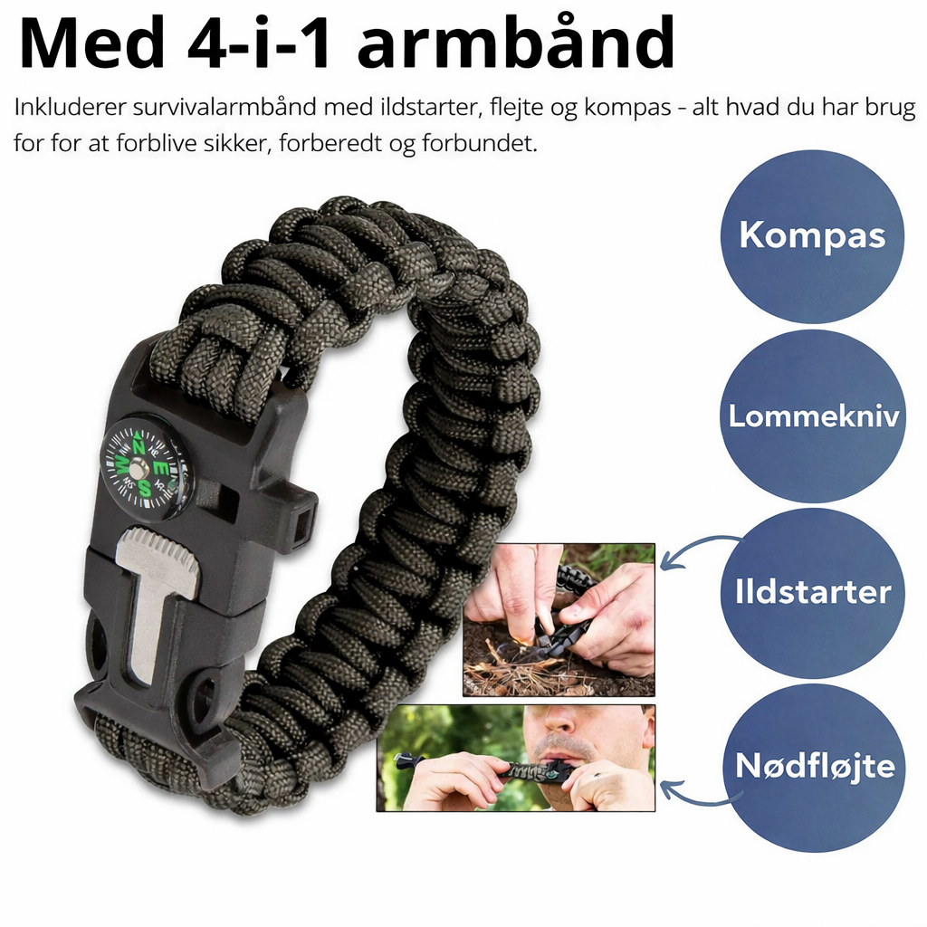 Overlevelsesarmbånd | 4-delt nødarmbånd (kompas, optændingsanordning, fløjte, kniv, reb) - Paracord