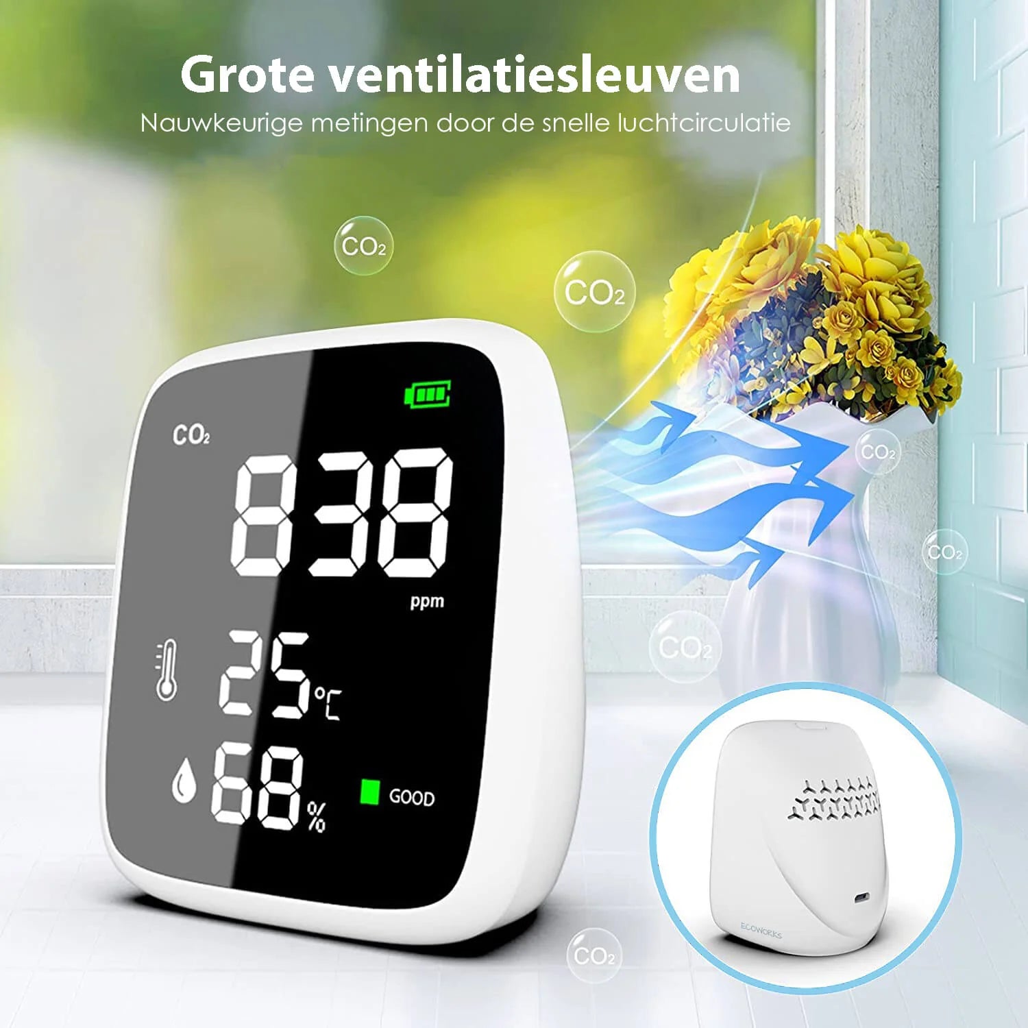 Ecoworks trådløs 3-i-1 CO2-måler: Luftkvalitetsmåler og -monitor