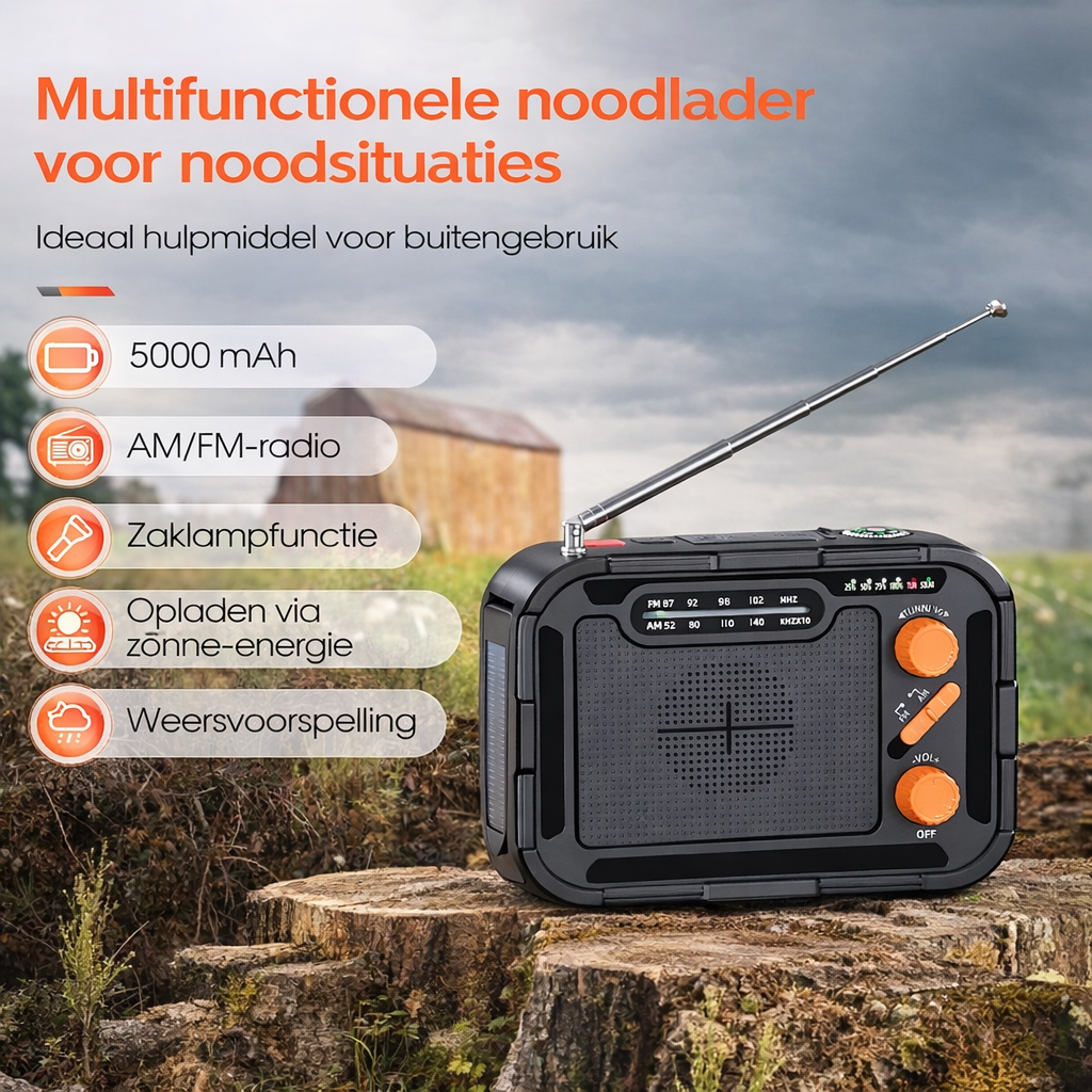 Premium nødradio med lommelygte, håndsving, solcelleopladning 5000 mAh