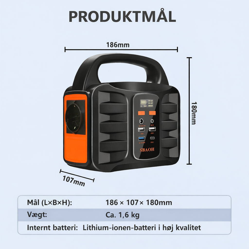 Bærbar strømstation 99Wh (100W) – Powerbank med 230V stikkontakt, genopladeligt solpanel, ideel til camping og nødstrøm