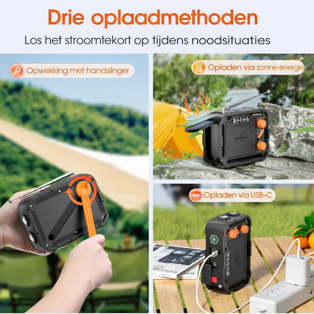 Premium nødradio med lommelygte, håndsving, solcelleopladning 5000 mAh
