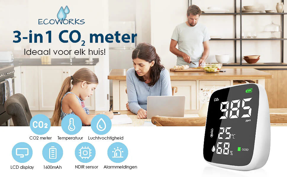 Ecoworks trådløs 3-i-1 CO2-måler: Luftkvalitetsmåler og -monitor