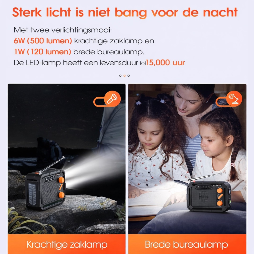 Premium nødradio med lommelygte, håndsving, solcelleopladning 5000 mAh